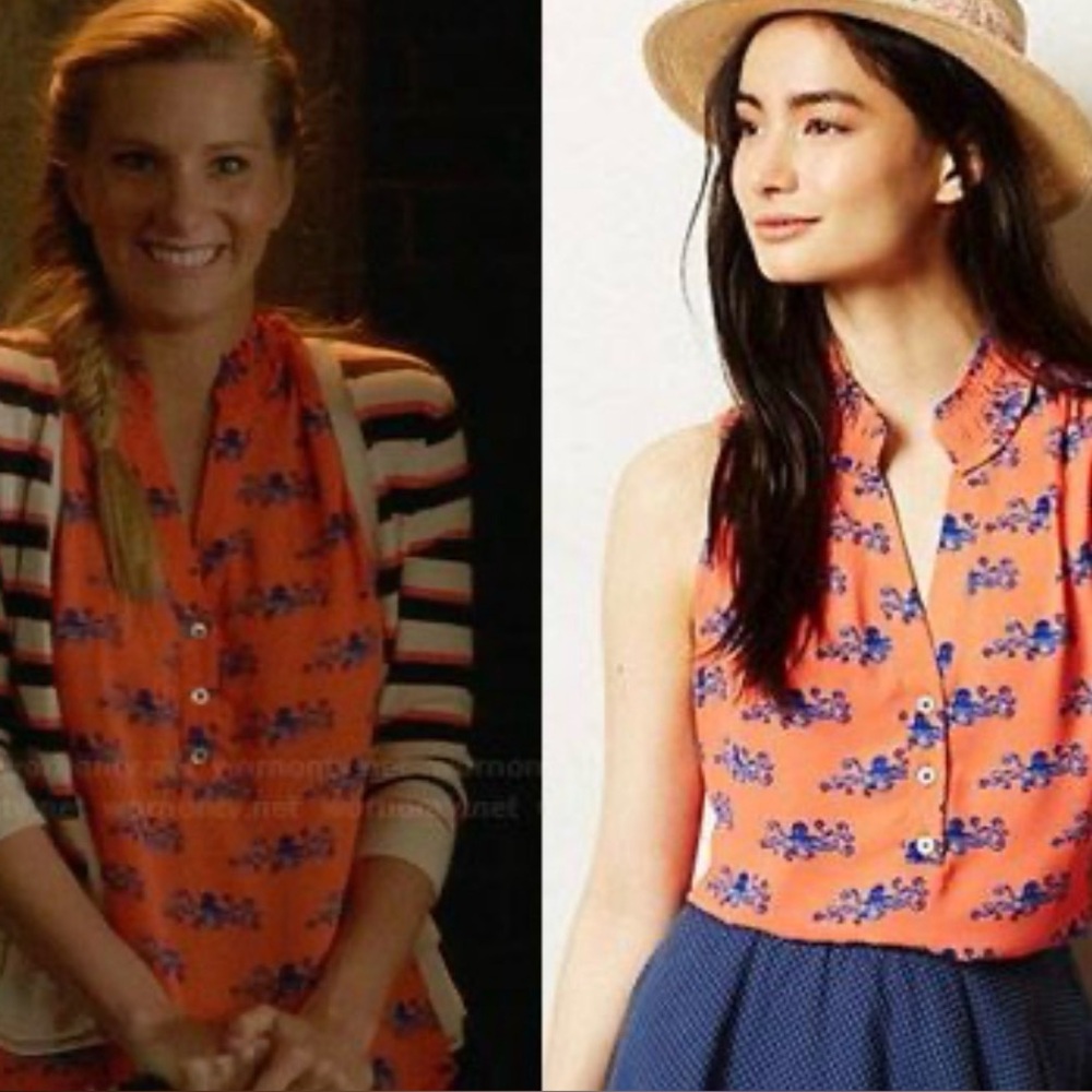 Anthropologie Maeve Fitz Tank Octopus Print Coral Orange Navy Size 12 Large - Picture 8 of 8